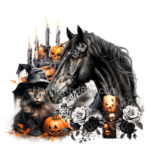 Horse Halloween design with blakc horse, black cat, skulls, candles, pumpkins and gothic roses.